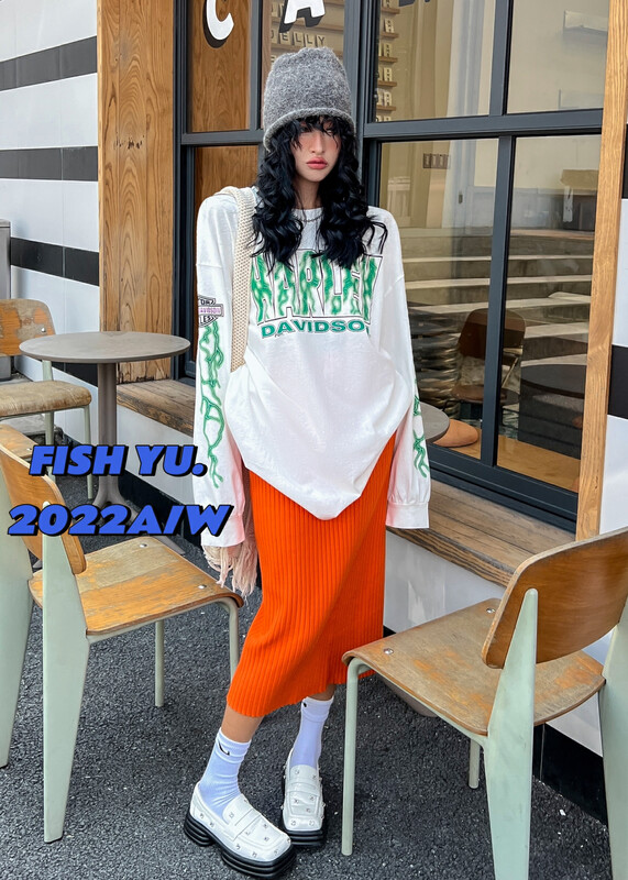 [FISH YU] American retro lightning English alphabet print old washed long-sleeved T-shirt 22393