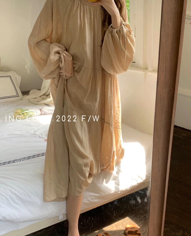 【ING】Korean Lazy Style Linen Milk Brown Dress (with Waist String) 9220# FHX