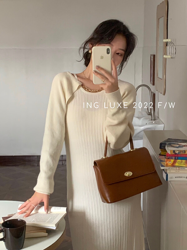 【ING】Chain halter blouse knitted skirt suit w3736