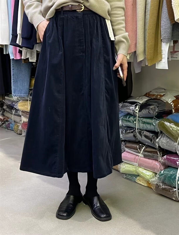 New in autumn! [FEIDING] Simple A-swing corduroy slim skirt (with belt) 3769# CLS