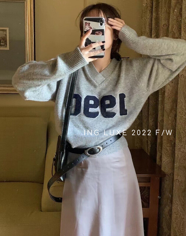 [ING] Letter Print Pullover Warm Sweater w3791