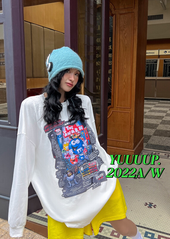 【FISH YU】Cartoon Chocolate Bean Retro Old Printed Loose Frayed Long Sleeve T-Shirt 622518