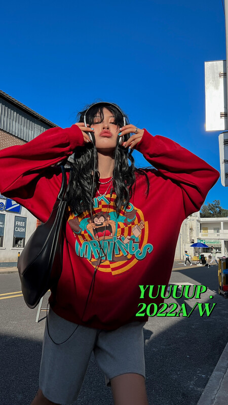 【FISH YU】American retro cartoon big mouth enough tide brand double-sided sweater 622508
