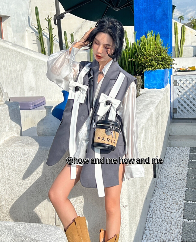 New in early autumn!【 HOW AND ME Cheng Xi】 Sweet temperament shirt + diamond all-match vest suit 5069# CQW