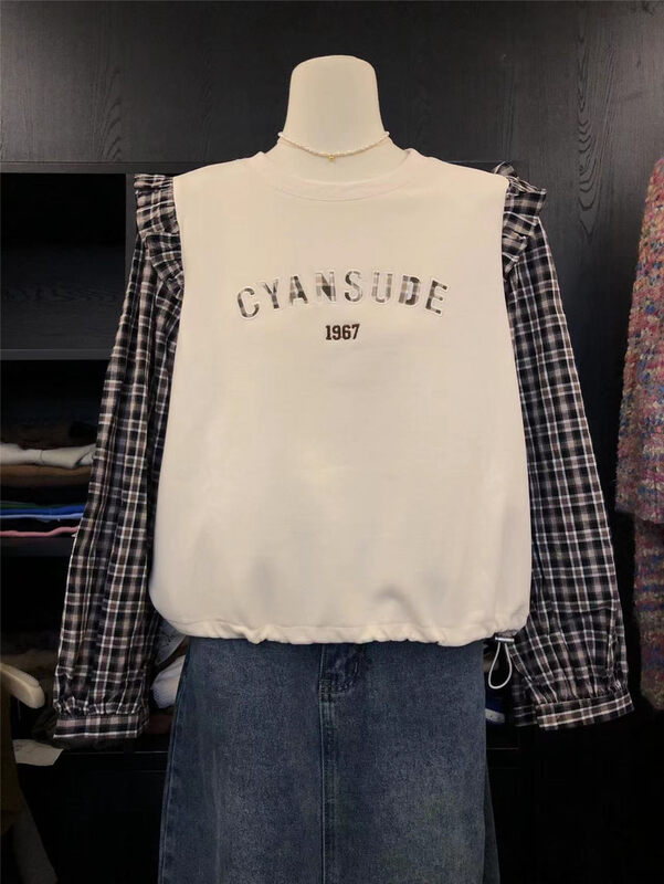 New in autumn! [SUSAN] Korean version stitched plaid sleeve sweater Q1689# LSW