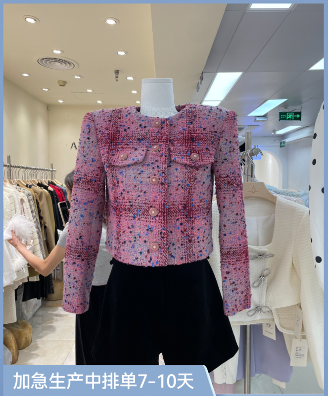 [ALLA EMELIA] Niche high-definition style small fragrance style pattern rose red blue dot contrast color design heavy industry short coat S2308