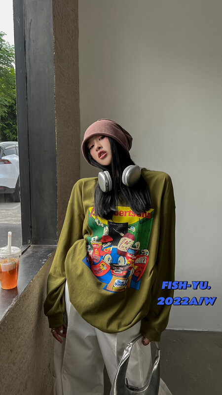 【FISH YU】American retro fun snack 3D printing round neck loose sweater 22575