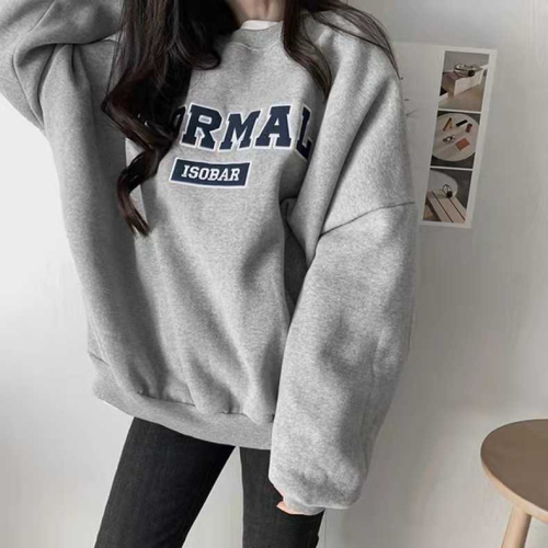 Plus velvet thick thin sweater women's Korean version loose autumn and winter simple letter pullover round neck coat top trendy