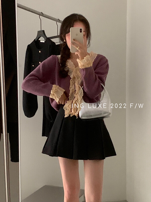 【ING】Retro age reduction stitching fungus lace sweater w3765