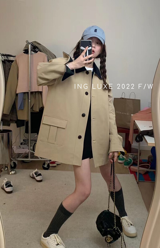 [ING] Yingrenge contrast color mid-length stitching windbreaker 9288