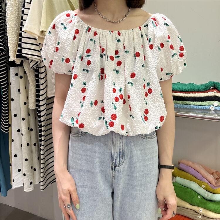 【FEIDING】Korean Floral Puff Sleeve Short Shirt 7883-A5t# CLS