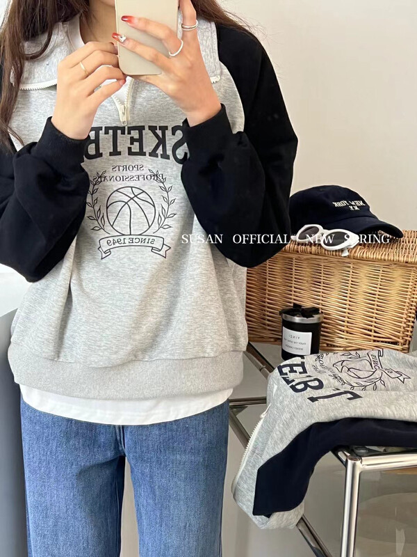 New in autumn! [SUSAN] Zipper Polo Collar Letter Loose Sweater 91092-1# LSW