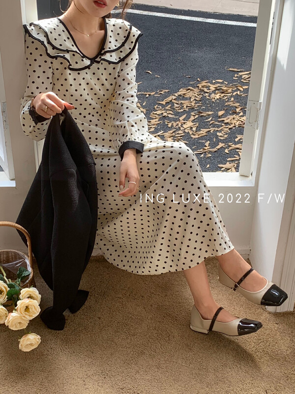 【ING】Retro sweet polka dot ruffle dress 9173
