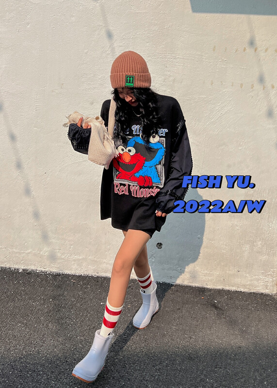 【FISH YU】Cartoon Sesame Street three-dimensional flocking foam printing double-sleeved stitching long-sleeved T-shirt 22507