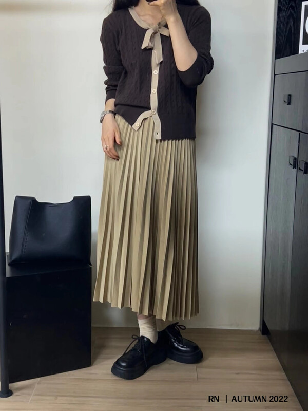 New in autumn!【R N】 Thickened elastic waist pleated skirt 83065# L