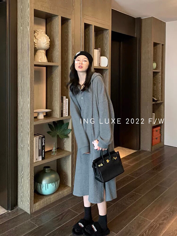 【ING】Loose and slim hooded knitted dress 8319