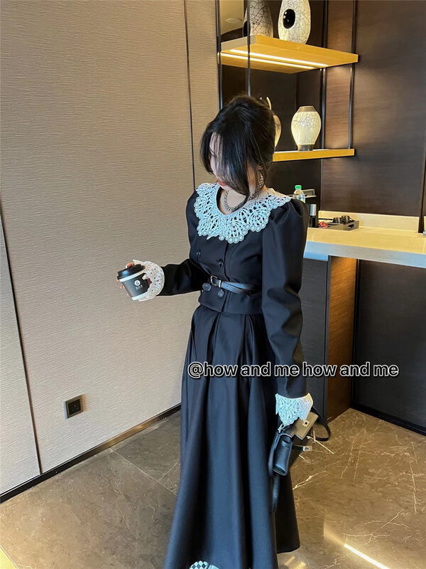 Autumn is new!【 HOW AND ME Cheng Xi】Little woman lace breasted short coat + high waist skirt two-piece suit (with belt) 5138# CQW