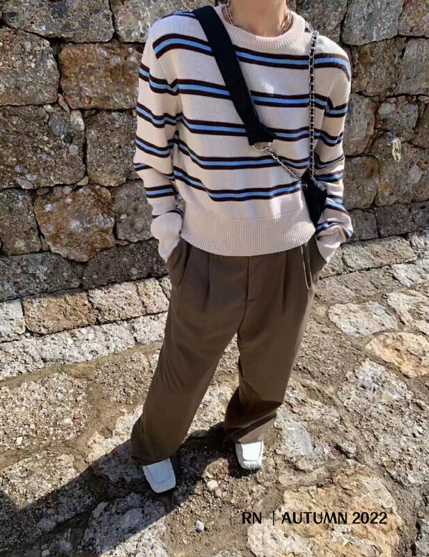 New in autumn! [R N] Korean striped casual round neck sweater 81982# L
