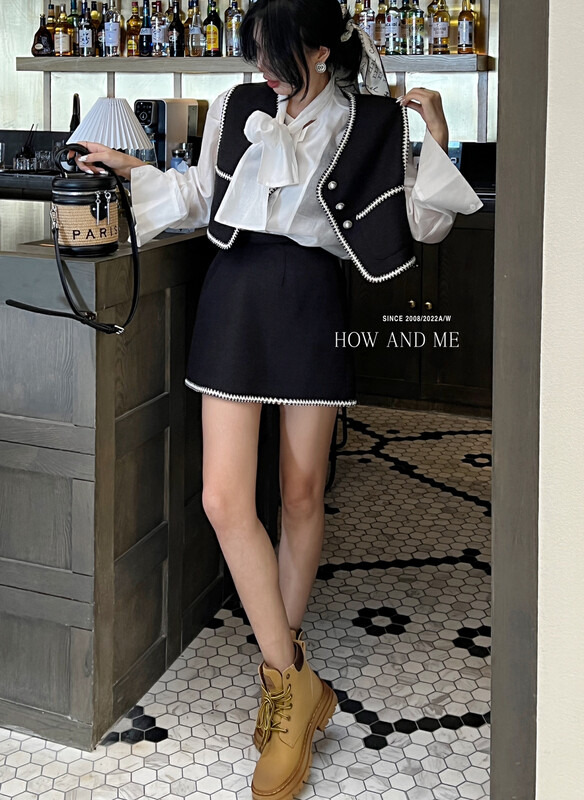 【 HOW AND ME Cheng Xi】Celebrity Xiaoxiang vest + temperament skirt + lace-up shirt suit YS1-5005# CQW