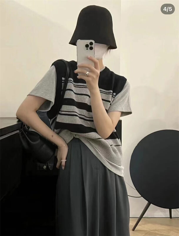 New in autumn! [FEIDING] round neck all-match knitted striped vest YS1-8216# CLS