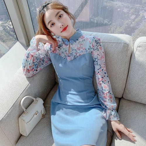 Improved version of cheongsam women's 2022 summer new air waist slimming small chiffon floral dress