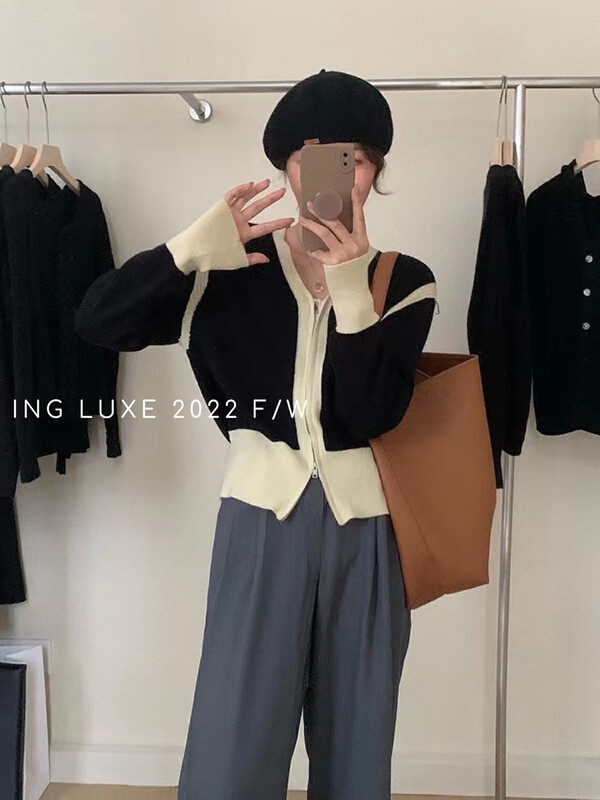 【ING】Korean Style Lazy Colorblock Double Zip Knit Sweater w3701# FHX