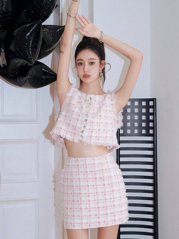 [ALALA EMELIA] Niche Haute Couture Small Fragrance Powder Sleeveless Woven Skirt Suit T2153