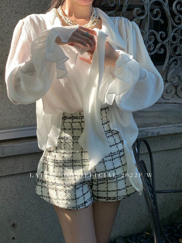 【ALLA EMELIA】Niche Haute Couture White Chiffon Drape Collar Shirt S2099# JHY