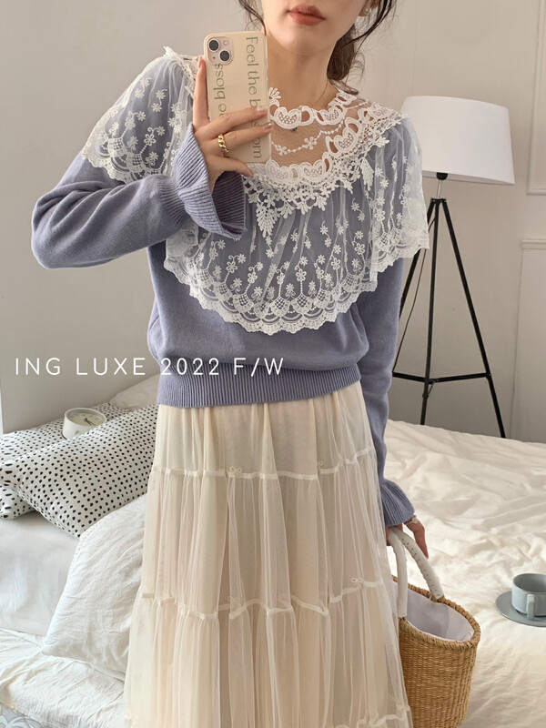 【ING】French temperament mesh lace stitching sweater ING-w3655