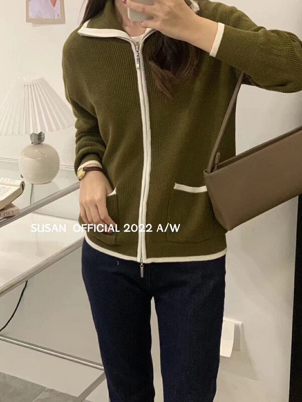 New in autumn!【SUSAN】Contrast color zipper lapel knitted cardigan 358# LSW