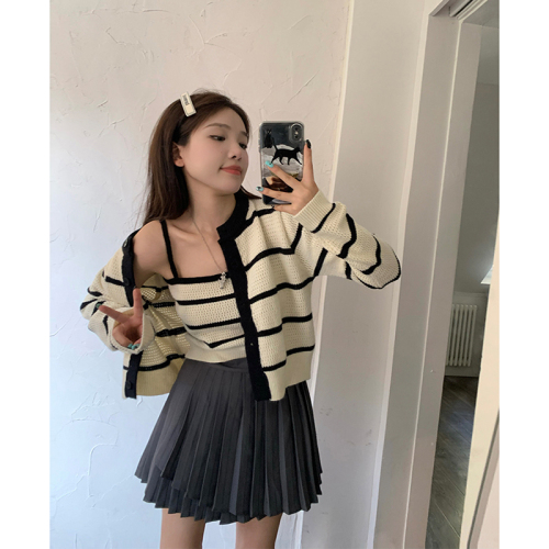 Early autumn  new Korean version of the striped long-sleeved knitted cardigan + short small suspenders women's fashion two-piece suit