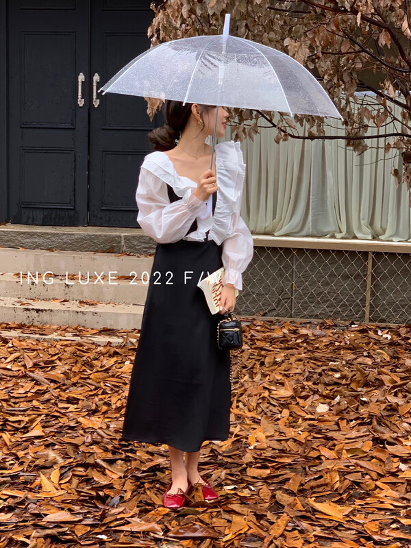 【ING】French ruffled contrast color waist dress ING-9139
