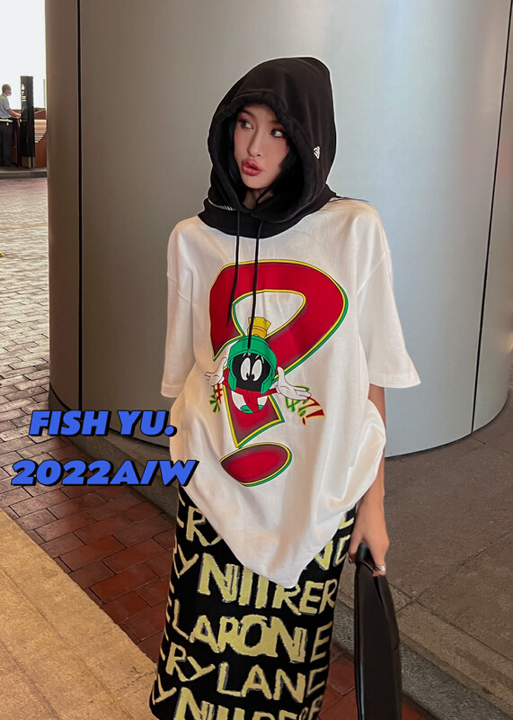【FISH YU】Cartoon big question mark 3D direct printing thickened brushed short-sleeved T-shirt 22520