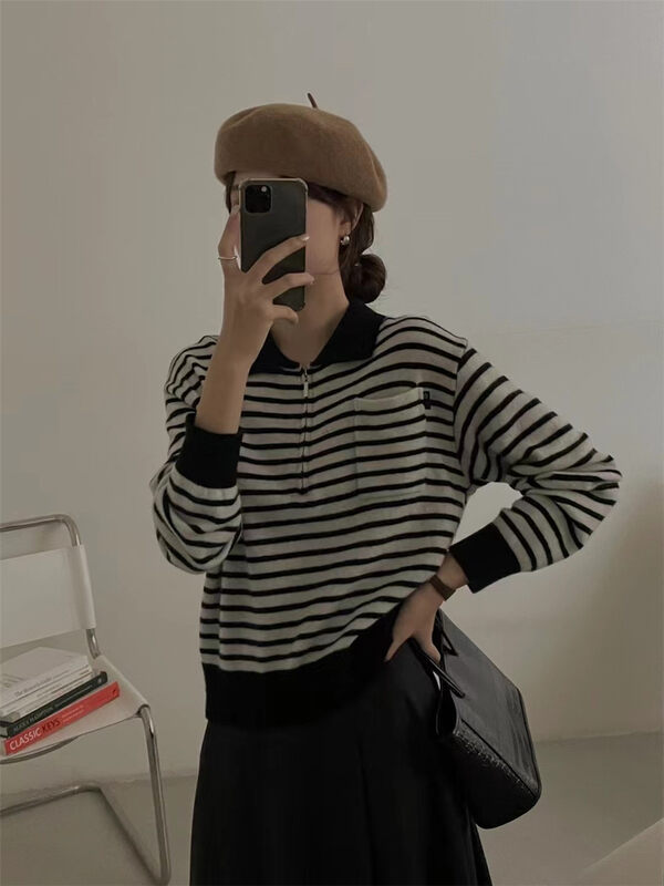 New in autumn! [FEIDING] POLO collar classic striped all-match knitted sweater 7222# CLS