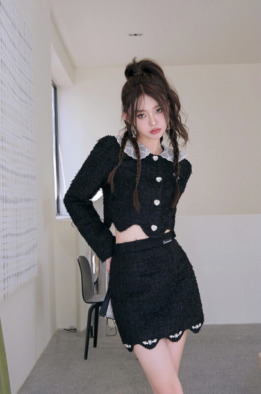[ALLA EMELIA] Niche high-definition small fragrance heavy industry beaded collar coat skirt suit T2278A
