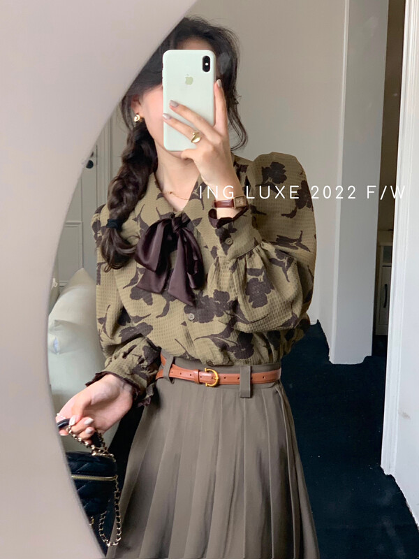 [ING] Retro temperament contrasting rose shirt (with tie) 6782