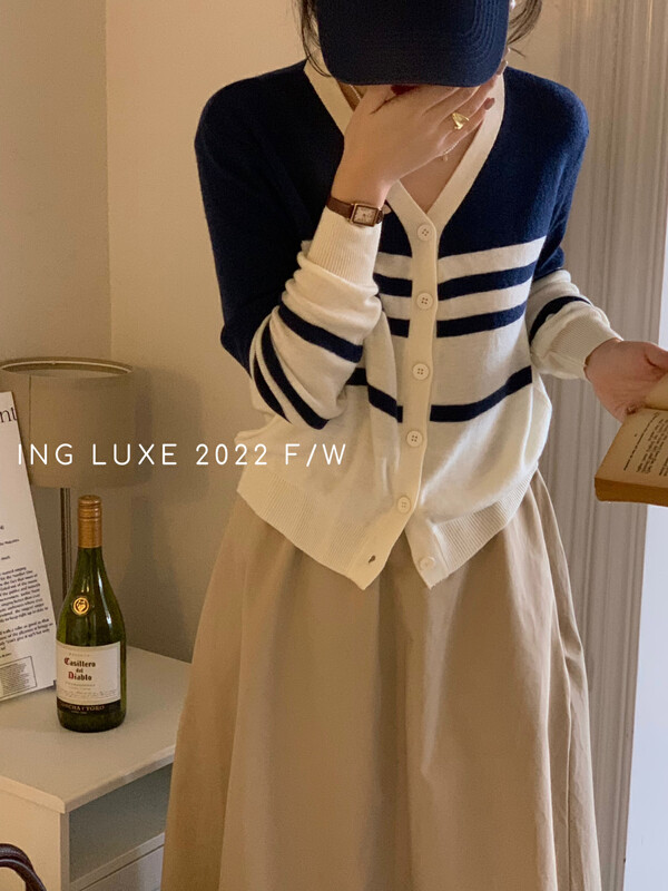 【ING】Korean version of retro slim fit striped sweater w3697# FHX