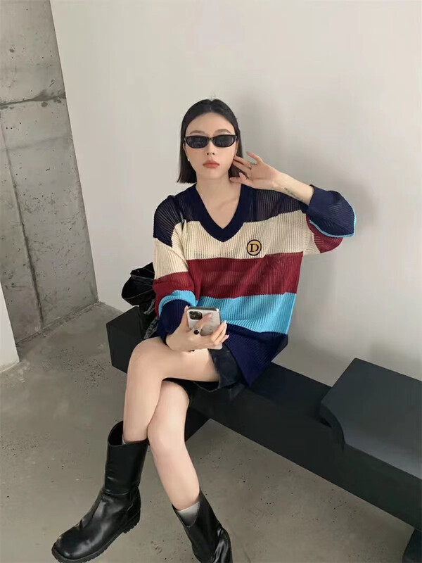 【RAINBOW】Explosive Color Contrast Striped Knitted Sunscreen Shirt 9388-# FHX