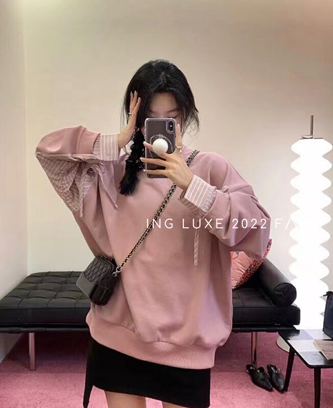 【ING】Korean loose shirt stitching design sweater 9336# FHX