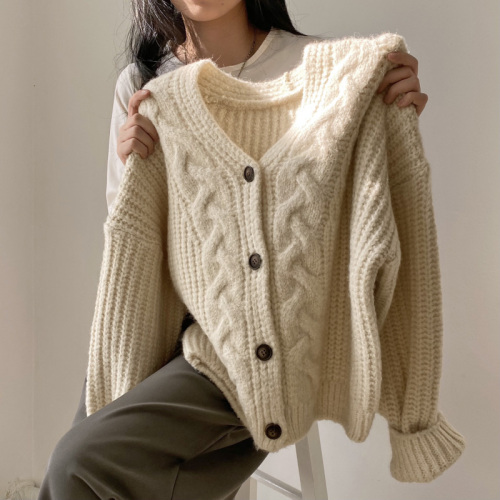 Korean chic autumn simple lazy style V-neck puff sleeves hemp pattern loose knitted cardigan sweater jacket women