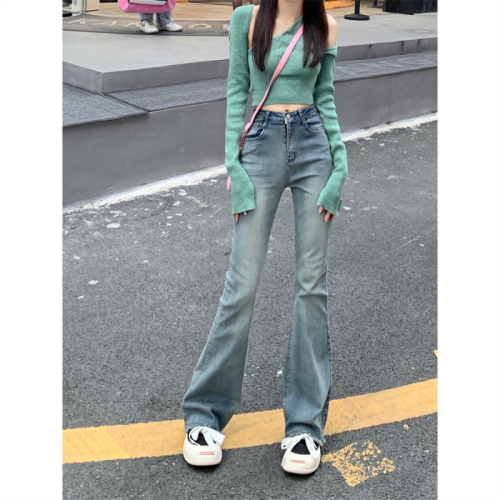 Real shot Retro blue high-waisted jeans women's elastic slim fit thin hot girl straight loose raw edge flared pants