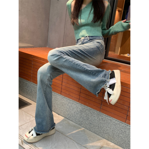 Real shot Retro blue high-waisted jeans women's elastic slim fit thin hot girl straight loose raw edge flared pants