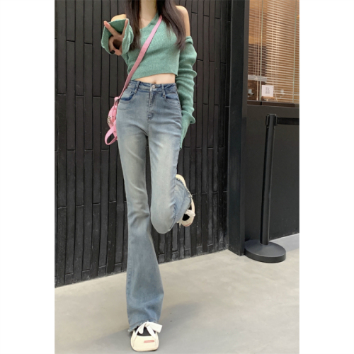 Real shot Retro blue high-waisted jeans women's elastic slim fit thin hot girl straight loose raw edge flared pants