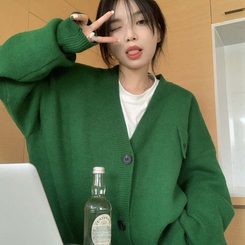 Korean lazy style single-breasted V-neck sweater jacket women's spring and autumn new design solid color loose knitted cardigan