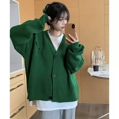 Korean lazy style single-breasted V-neck sweater jacket women's spring and autumn new design solid color loose knitted cardigan