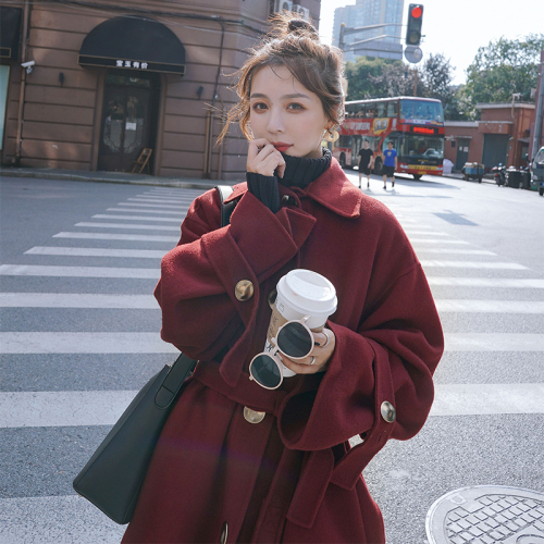 Woolen coat women's middle and long style  autumn and winter new Korean loose thickened over knee popular waist closing thin coat