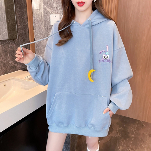 Real shot Pure cotton Huamian Back collar Loose embroidered hooded sweater women's cartoon long-sleeved autumn thin top