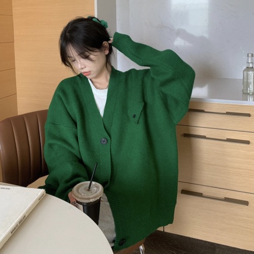 Korean lazy style single-breasted V-neck sweater jacket women's spring and autumn new design solid color loose knitted cardigan