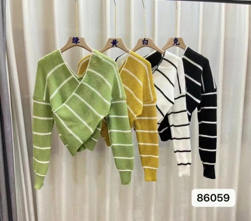  autumn new Korean version sweet V-neck off-the-shoulder cross one-shoulder striped long-sleeved knitted top women's
