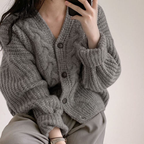 Korean chic autumn simple lazy style V-neck puff sleeves hemp pattern loose knitted cardigan sweater jacket women